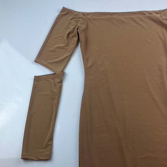 MYSTYLEMODE NUDE DOUBLE LINED OFF THE SHOULDER ELBOW CUT OUT MINI DRESS S99-59 - Picture 5 of 8